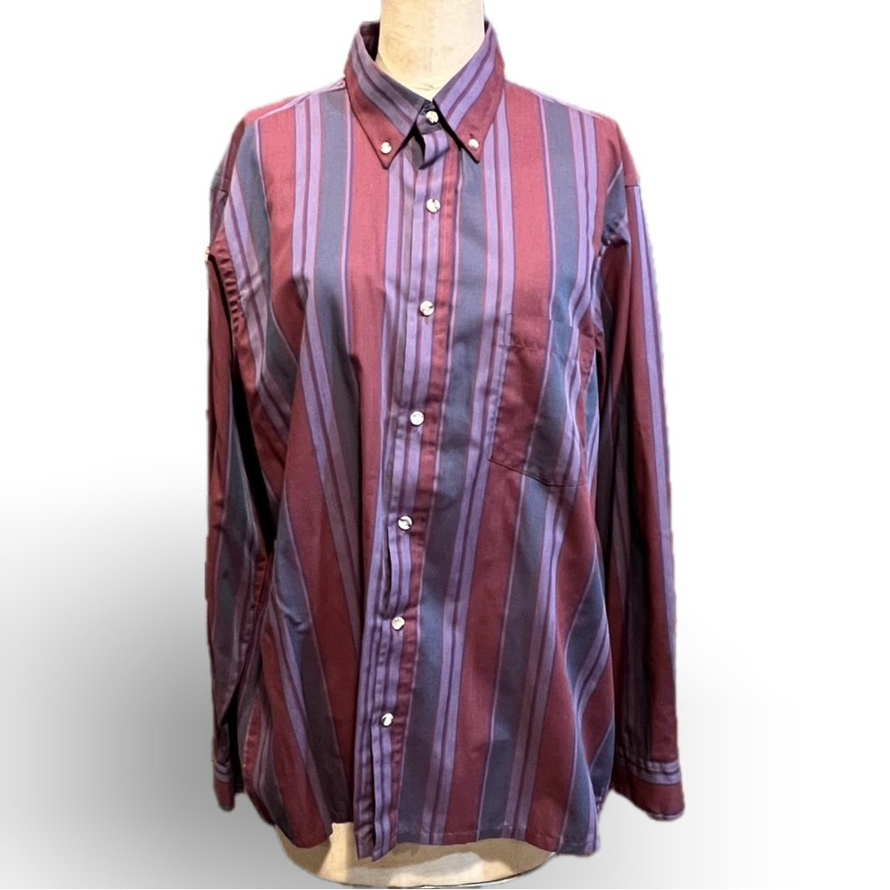 VINTAGE Fox Collection plum purple vertical striped button down shirt‎ USA 80s